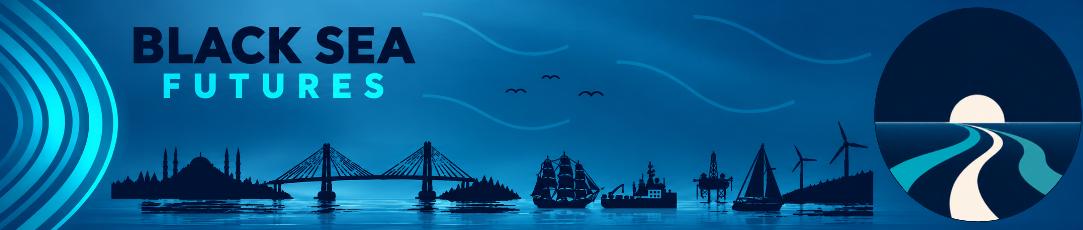 Black Sea Futures master banner with the emblem, turquoise rings, maritime silhouettes, waves and birds.